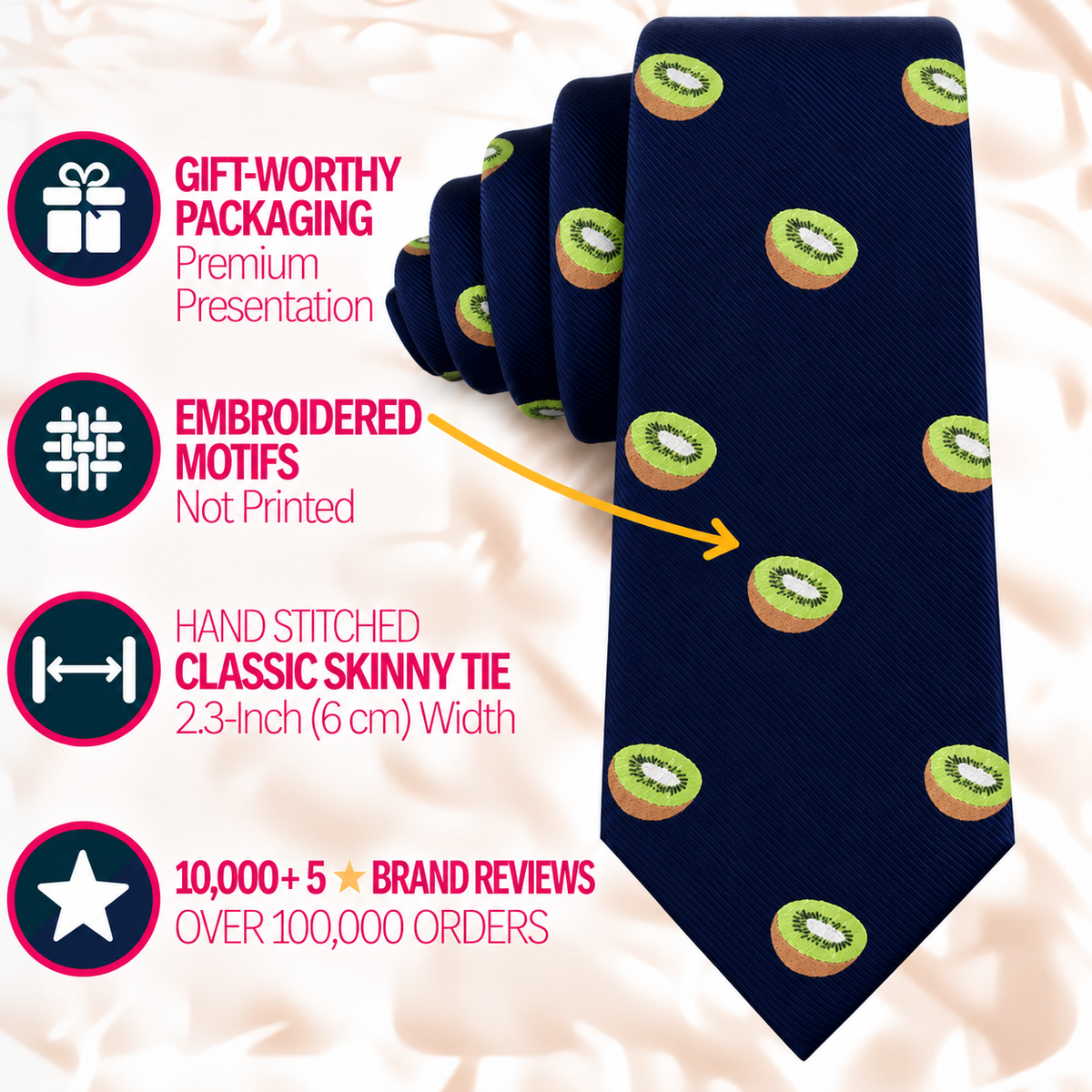 A dark blue Kiwi Skinny Tie featuring a green kiwi print, shown in gift packaging with embroidered motifs, a 2.3-inch width, and brand review count.