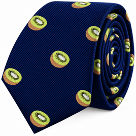 Kiwi Skinny Tie in dark blue featuring an embroidered green kiwi print.