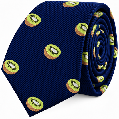 Kiwi Skinny Tie in dark blue featuring an embroidered green kiwi print.