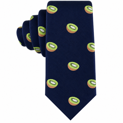 Kiwi Skinny Tie in dark blue with a green kiwi fruit slice print.