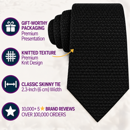 The Black Knitted Skinny Tie is displayed, featuring icons and text underscoring its premium packaging, textured finish, modern skinny width, and more than 10,000 five-star reviews for the brand.