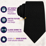 The Black Knitted Skinny Tie is displayed, featuring icons and text underscoring its premium packaging, textured finish, modern skinny width, and more than 10,000 five-star reviews for the brand.