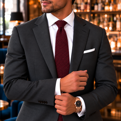 Dressed in a dark suit and a Maroon Knitted Skinny Tie, a man adjusts his cufflink while standing in a stylish bar lined with shelves of bottles.