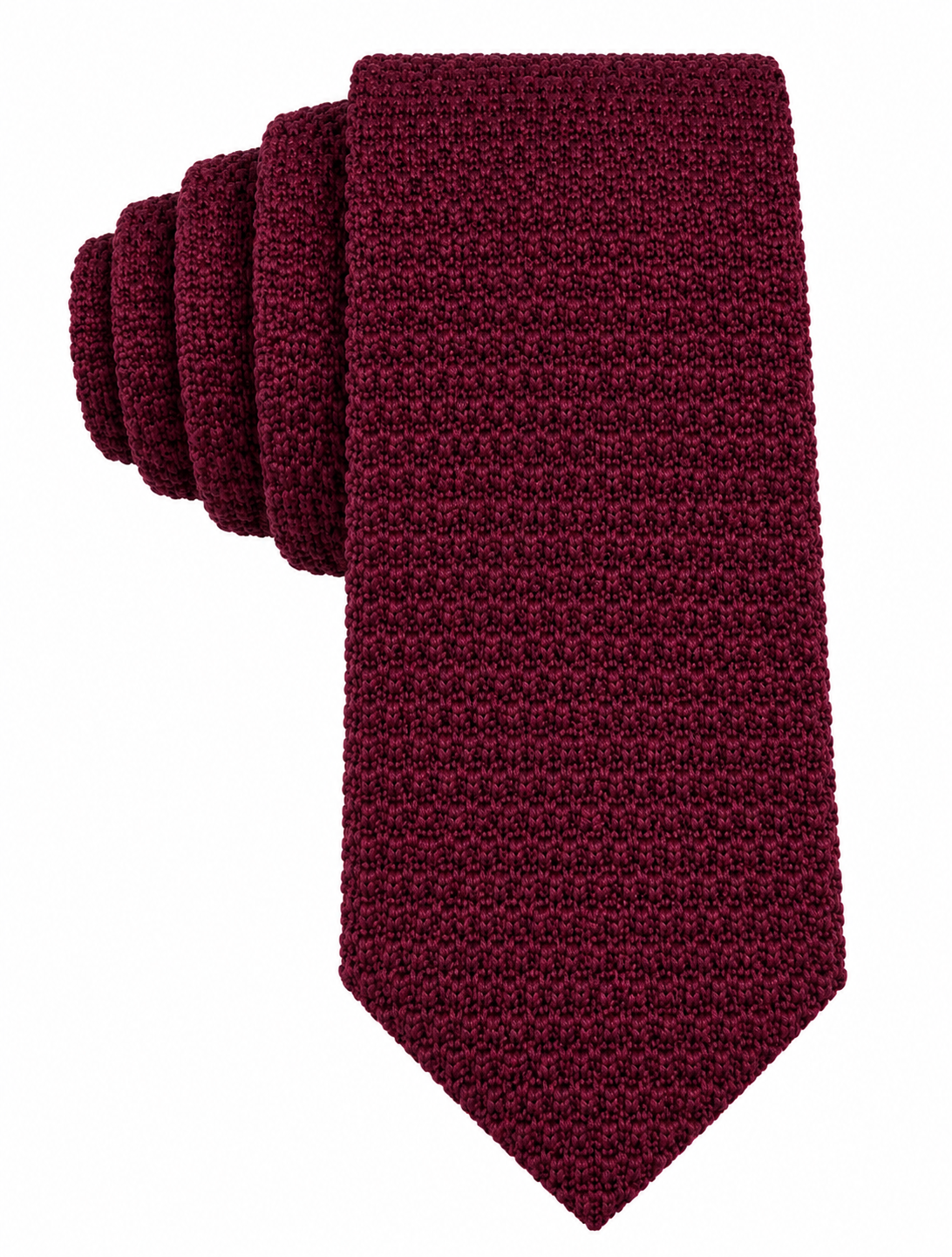 The Maroon Knitted Skinny Tie features a rolled-up design with a square textured pattern and is displayed against a plain white background—making it an ideal choice as a stylish skinny tie for men or as an elegant maroon wedding tie.