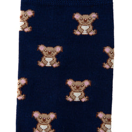 Adorable sock featuring a deep blue background with a pattern of small brown cartoon animals, ideal for fans of whimsical designs and koala-themed accessories. Perfect choice for those who appreciate Koala Socks.