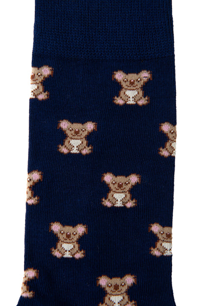 Adorable sock featuring a deep blue background with a pattern of small brown cartoon animals, ideal for fans of whimsical designs and koala-themed accessories. Perfect choice for those who appreciate Koala Socks.