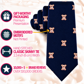 Navy blue Koala Skinny Tie with repeating koala embroidery, 2.3-inch width, and gift-worthy packaging.