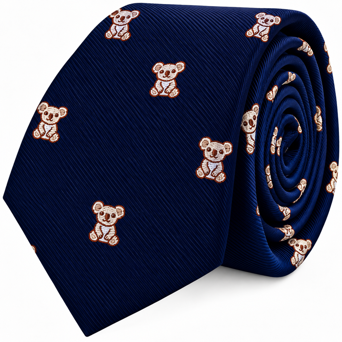 Koala Skinny Tie in navy blue featuring a repeating pattern of small embroidered koalas.