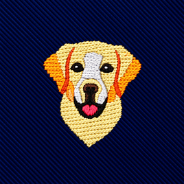 Dark blue ribbed Labrador Dog Skinny Tie featuring an embroidered yellow Labrador retriever head.