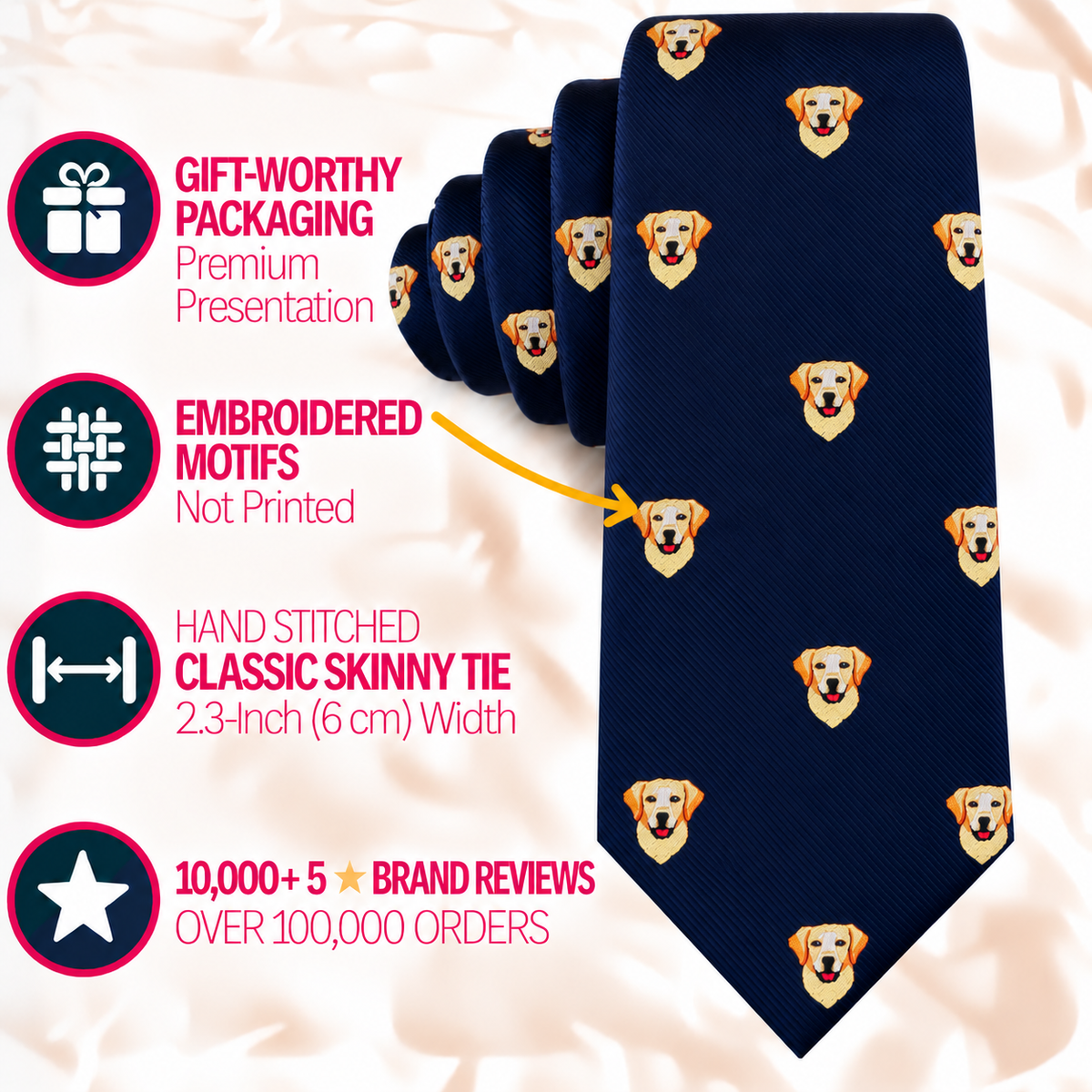 Navy blue Labrador Dog Skinny Tie with repeating yellow Labrador retriever head patterns, featuring a 2.3-inch width and embroidered motifs.