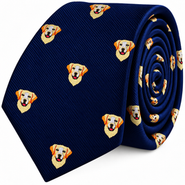 Labrador Dog Skinny Tie in navy blue, featuring an embroidered yellow Labrador retriever face pattern.