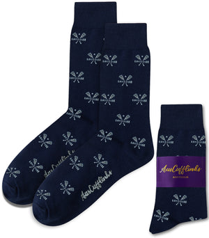 Ice Hockey Shot Socks (Copy) in navy blue feature small white crossed hockey sticks and "ICE HOCKEY" pattern, capturing energetic vibes, displayed beside AussieCufflinks AUSTRALIA packaging.