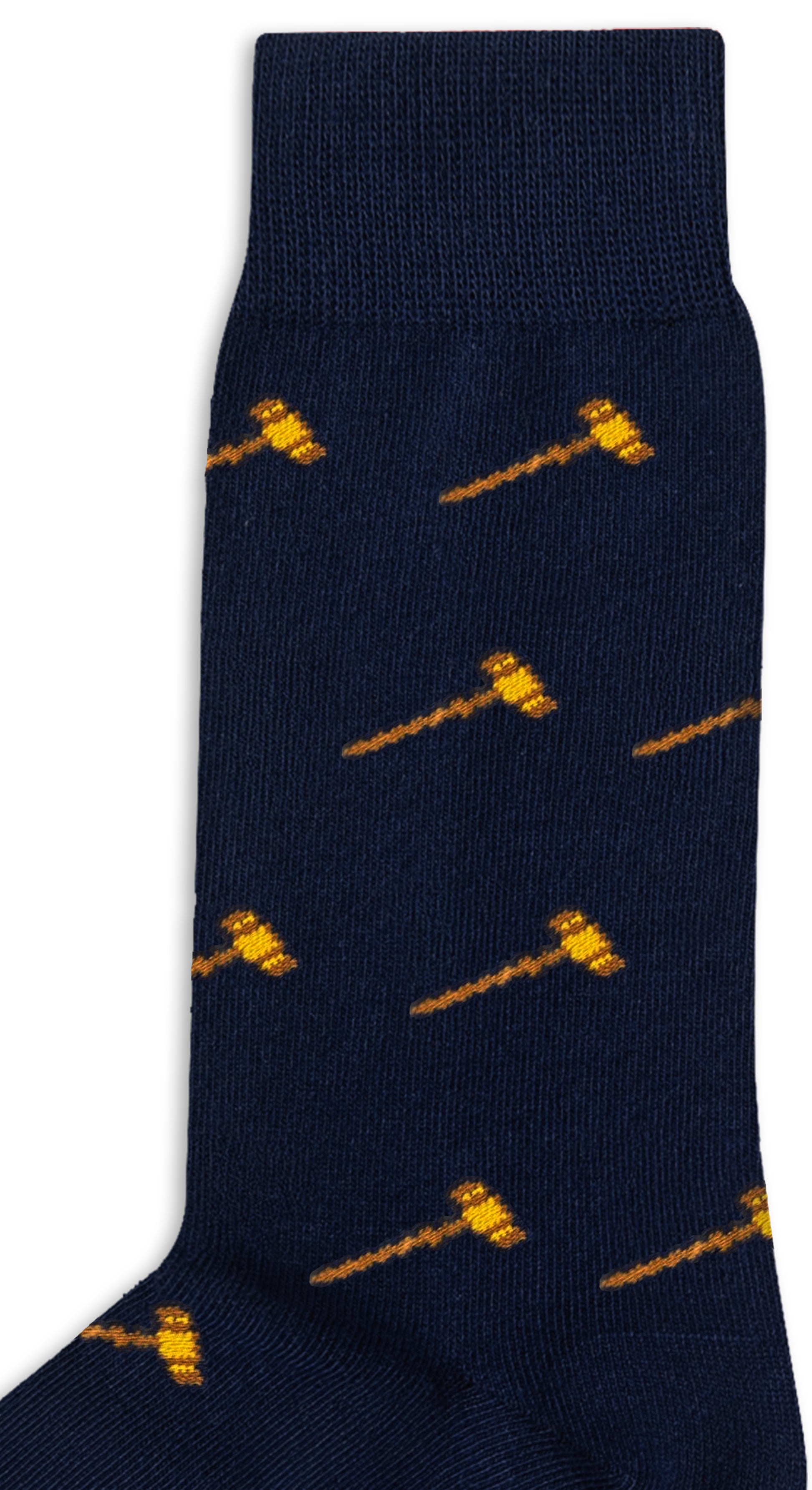 Gavel Socks: Navy blue socks featuring small yellow gavels—ideal novelty socks for any lawyer or judge.