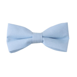 A refreshing Light Blue Cotton Bow Tie & Pocket Square Set with a simple design, symmetrical shape, and slightly textured fabric, perfect for a spring occasion.