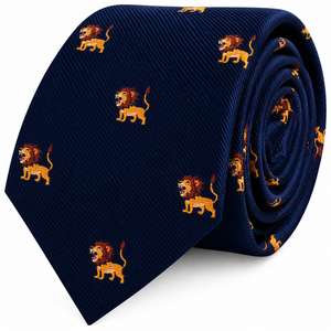 Dark blue Lion Skinny Tie featuring a repeating pattern of small, snarling lions.