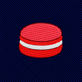 Macaron Skinny Tie featuring an embroidered red and white macaron icon for dessert lovers on a dark blue ribbed background.