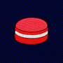 Macaron Skinny Tie featuring an embroidered red and white macaron icon for dessert lovers on a dark blue ribbed background.