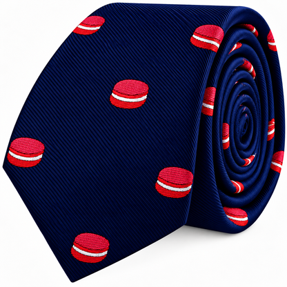 Coiled navy blue Macaron Skinny Tie featuring a pattern of red and white macarons.