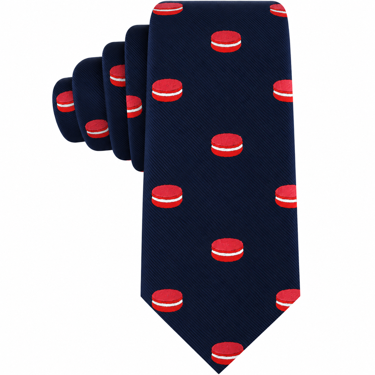 Macaron Skinny Tie in dark navy blue featuring a repeating pattern of gourmet dessert macarons.