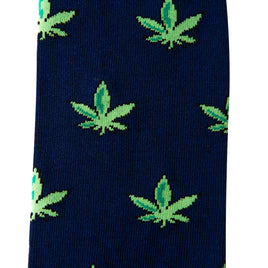 Weed Socks: Navy blue socks with a vibrant green cannabis leaf pattern, ideal for motorsport fans who want bold, unique style beyond classic race car socks.