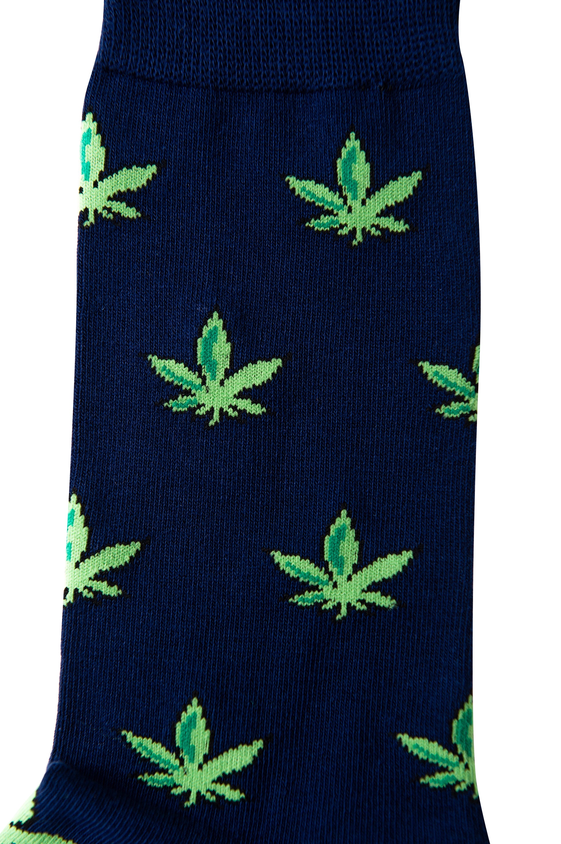 Weed Socks: Navy blue socks with a vibrant green cannabis leaf pattern, ideal for motorsport fans who want bold, unique style beyond classic race car socks.