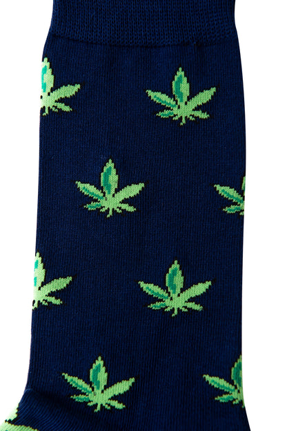 Weed Socks: Navy blue socks with a vibrant green cannabis leaf pattern, ideal for motorsport fans who want bold, unique style beyond classic race car socks.