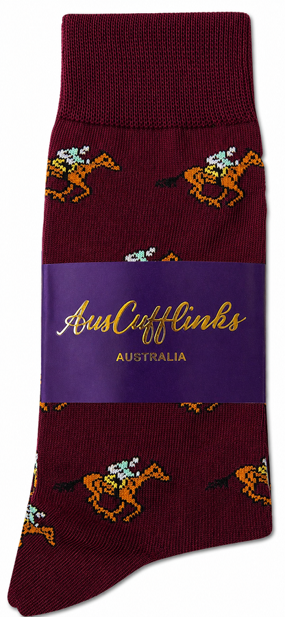Horse Racing MAROON Socks with pixelated jockeys on horses, stylishly boxed with a purple AusCufflinks Australia label—ideal as unique gifts for jockeys.