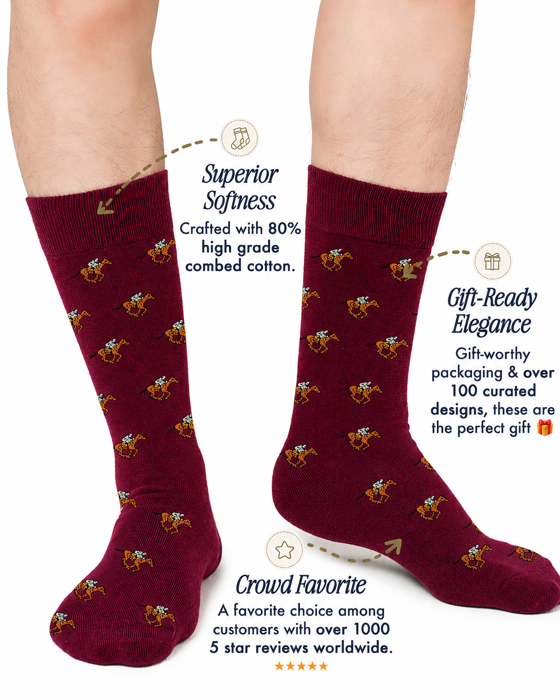 A pair of feet in Horse Racing MAROON Socks with a dog pattern, praised for their softness and quality packaging—highly rated and ideal as jockey gifts for horse lovers.