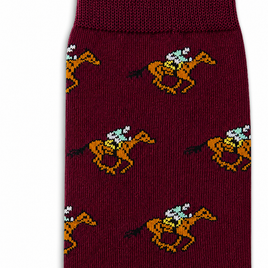 Horse Racing MAROON Socks with a vibrant jockey and horse pattern in yellow, brown, blue, and white—ideal as distinctive Horse Racing Socks or perfect gifts for jockeys.