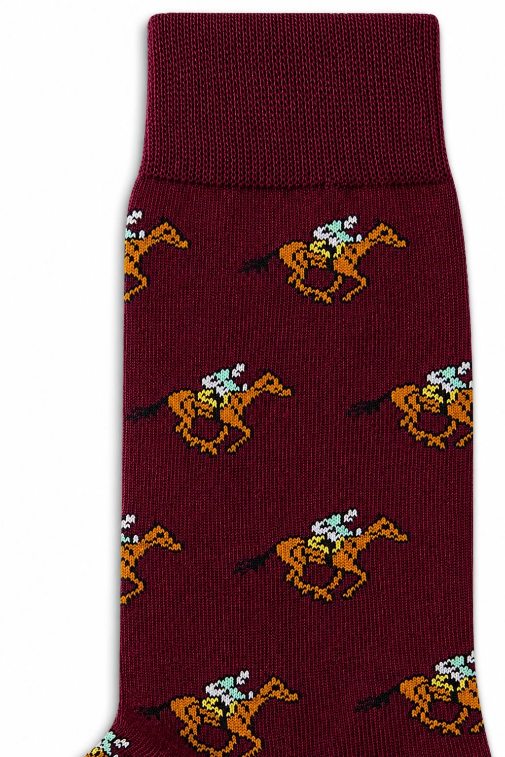 Horse Racing MAROON Socks with a vibrant jockey and horse pattern in yellow, brown, blue, and white—ideal as distinctive Horse Racing Socks or perfect gifts for jockeys.