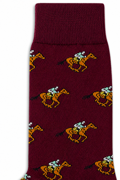 Horse Racing MAROON Socks with a vibrant jockey and horse pattern in yellow, brown, blue, and white—ideal as distinctive Horse Racing Socks or perfect gifts for jockeys.