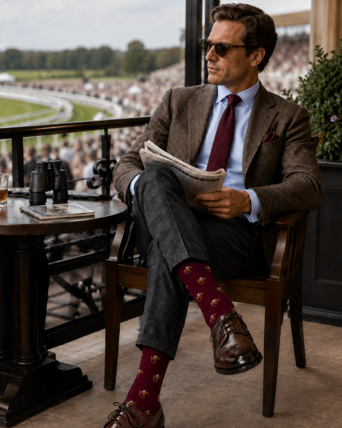 A man in a suit and sunglasses sits on a terrace with crossed legs, holding a newspaper and wearing Horse Racing MAROON Socks, while a racetrack and cheering crowd fill the background.
