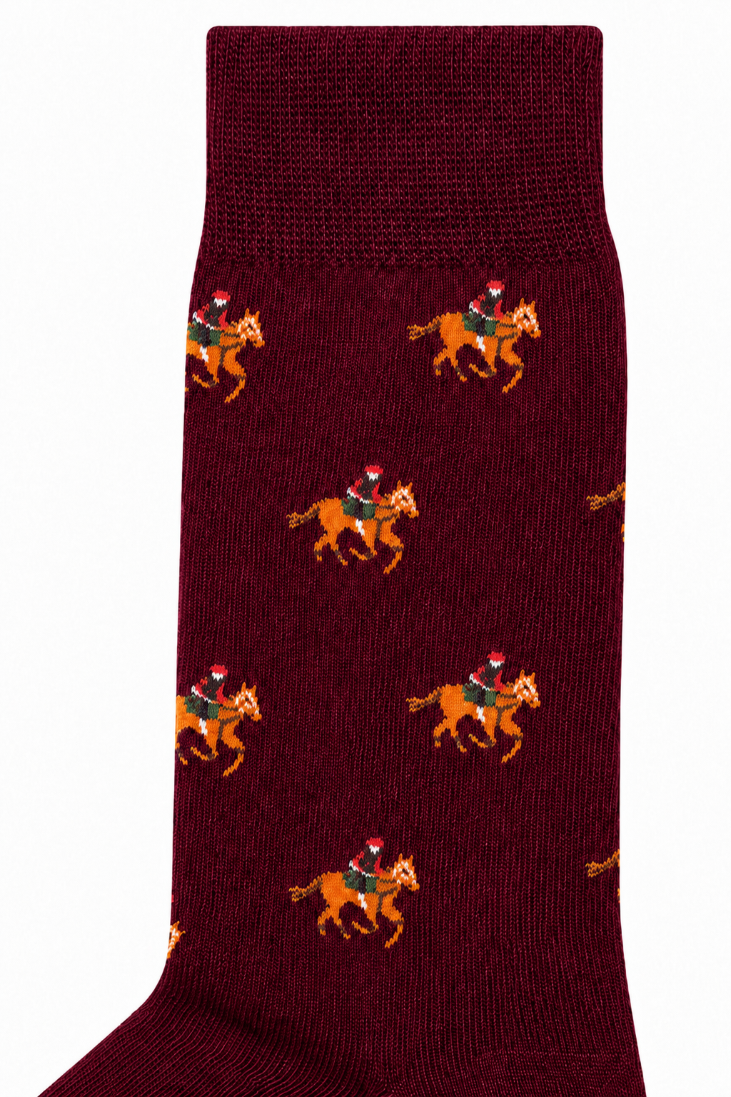 Close-up of Maroon Thoroughbred Horse Racing Socks, featuring a repeating pattern of a rider in a Santa hat on horseback.