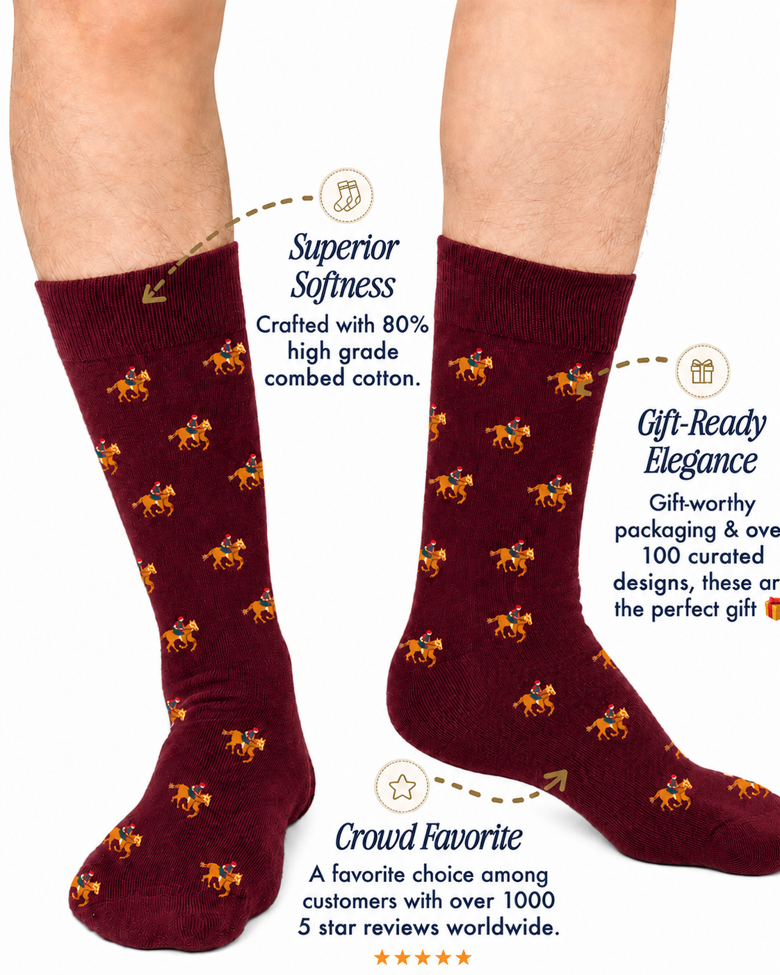 A pair of legs wearing Maroon Thoroughbred Horse Racing Socks with small horse patterns, highlighted for their softness, perfect for gifting, and praised with high customer ratings.