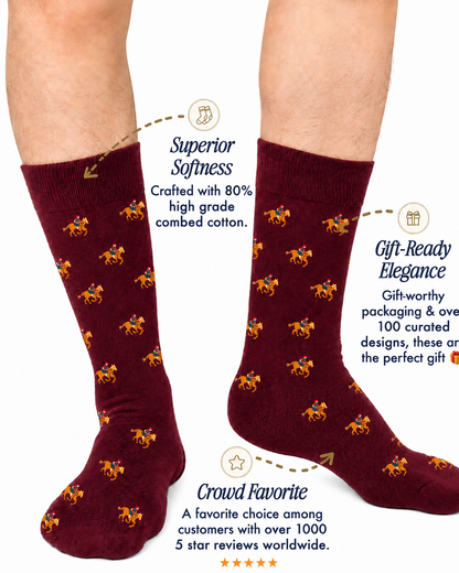 A pair of legs wearing Maroon Thoroughbred Horse Racing Socks with small horse patterns, highlighted for their softness, perfect for gifting, and praised with high customer ratings.