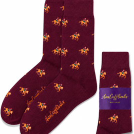 Maroon Thoroughbred Horse Racing Socks featuring a repeating horse and jockey pattern, with one sock folded and wrapped in a purple "AussieCufflinks Australia" label.