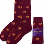Maroon Thoroughbred Horse Racing Socks featuring a repeating horse and jockey pattern, with one sock folded and wrapped in a purple "AussieCufflinks Australia" label.