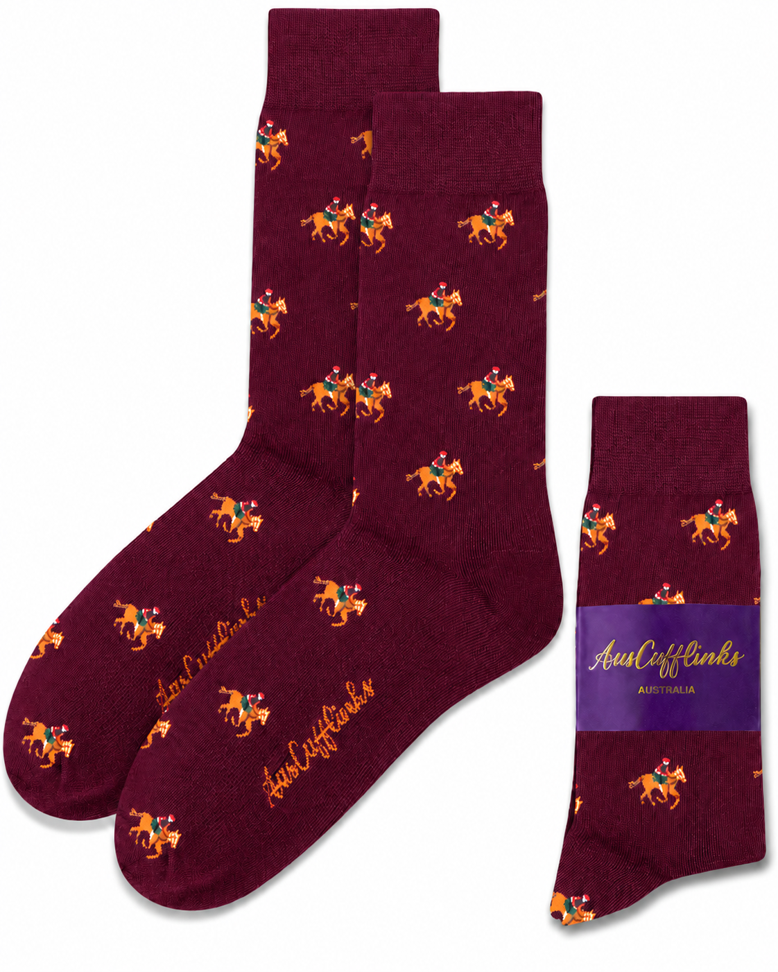 Maroon Thoroughbred Horse Racing Socks featuring a repeating horse and jockey pattern, with one sock folded and wrapped in a purple "AussieCufflinks Australia" label.