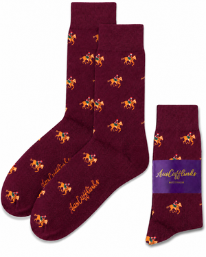 Maroon Thoroughbred Horse Racing Socks featuring a repeating horse and jockey pattern, with one sock folded and wrapped in a purple "AussieCufflinks Australia" label.