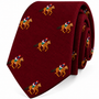 Maroon Thoroughbred Racing Horse Skinny Tie featuring a repeated embroidered pattern of jockeys riding brown horses—an elegant equestrian accessory perfect for horse racing enthusiasts.