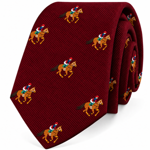 Maroon Thoroughbred Racing Horse Skinny Tie featuring a repeated embroidered pattern of jockeys riding brown horses—an elegant equestrian accessory perfect for horse racing enthusiasts.