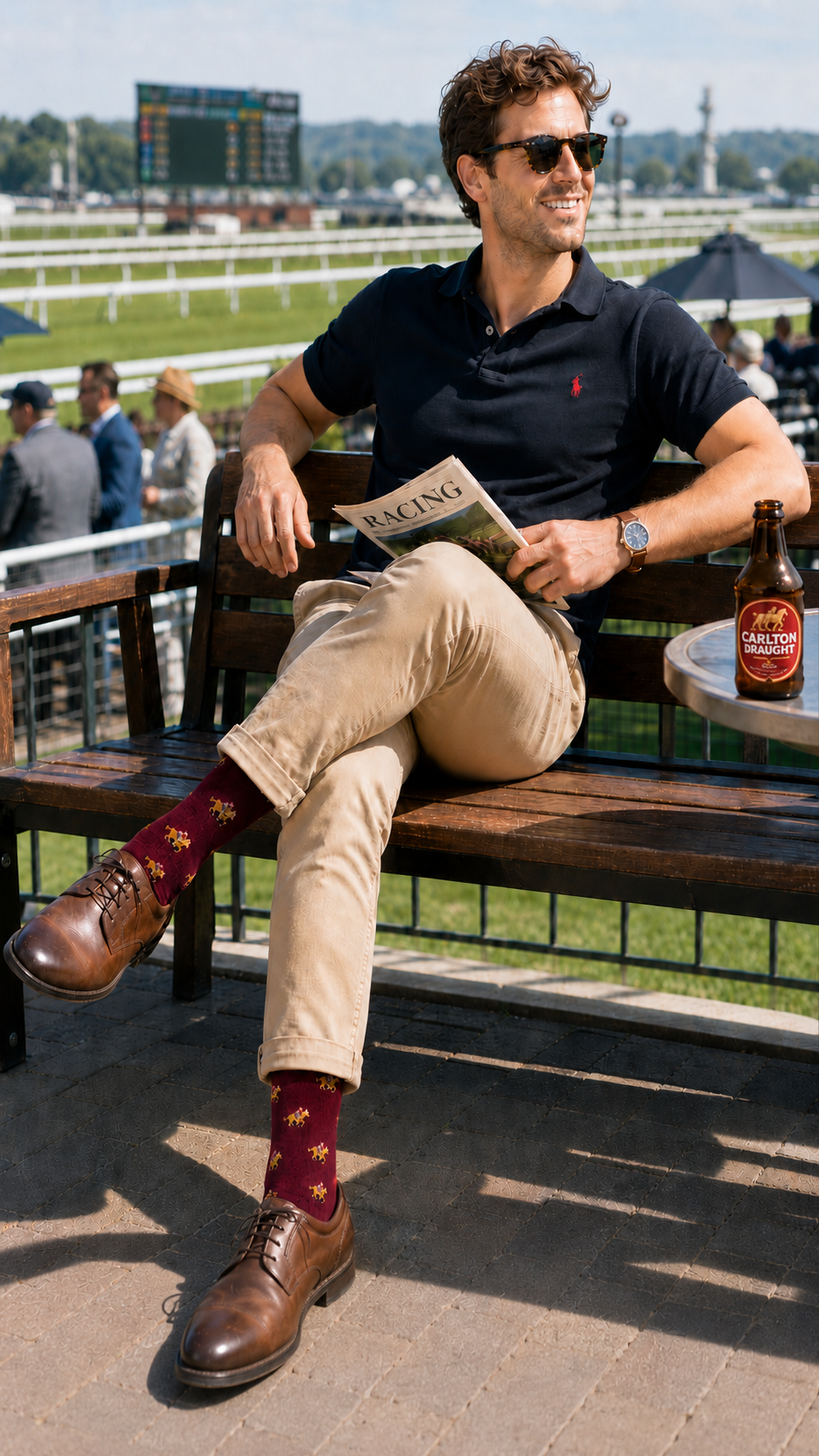 A man in sunglasses, a navy polo, khaki pants, and maroon Thoroughbred Horse Racing Socks sits on a racetrack bench, holding a racing program with a drink beside him.