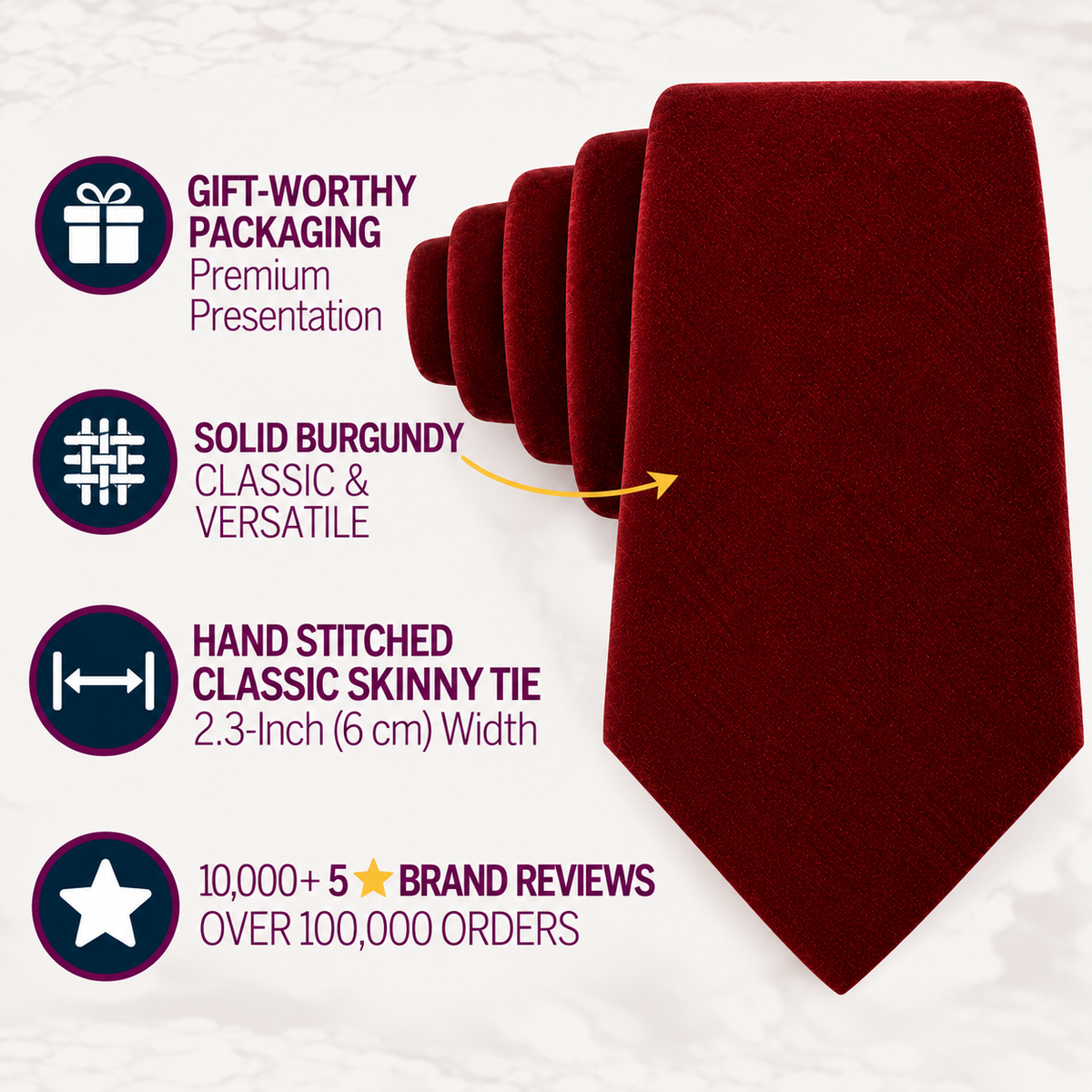 Introducing the Maroon Velvet Skinny Tie—a sophisticated accessory featuring a sleek 2.3-inch width and expert hand-stitching. With over 100,000 orders and 10,000+ five-star reviews, this elegant tie arrives in gift-worthy packaging and is ideal as a wedding velvet tie or standout addition to any formal look, offering timeless style and luxury in every detail.