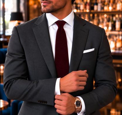 A man in a dark suit with a Maroon Velvet Skinny Tie and white pocket square adjusts his cufflink in an upscale bar setting.