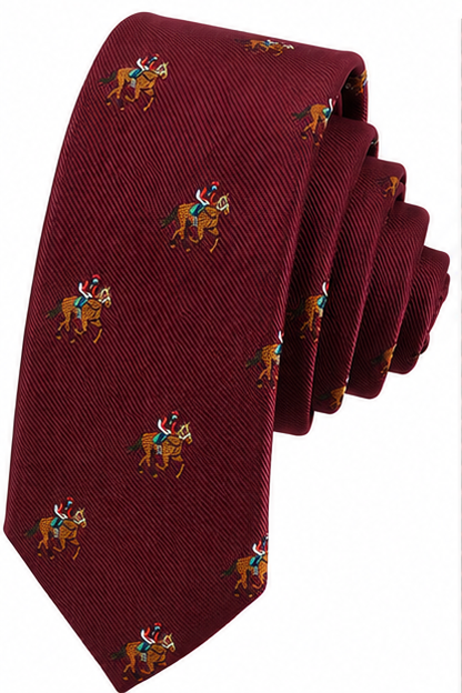 maroon horse racing skinny tie with sleek slim fit design inspired by thoroughbred racing horses perfect for equestrian lovers and gift ideas