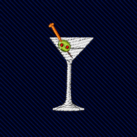 Martini Skinny Tie featuring an embroidered martini glass with an olive on a pick, set against a dark blue diagonal-striped background.
