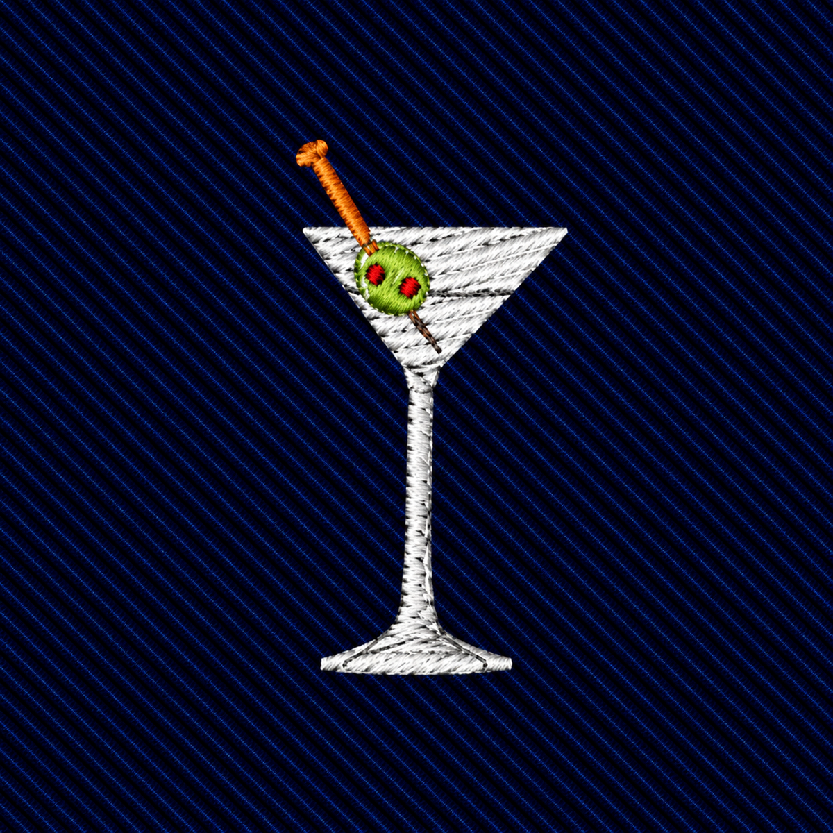 Martini Skinny Tie featuring an embroidered martini glass with an olive on a pick, set against a dark blue diagonal-striped background.
