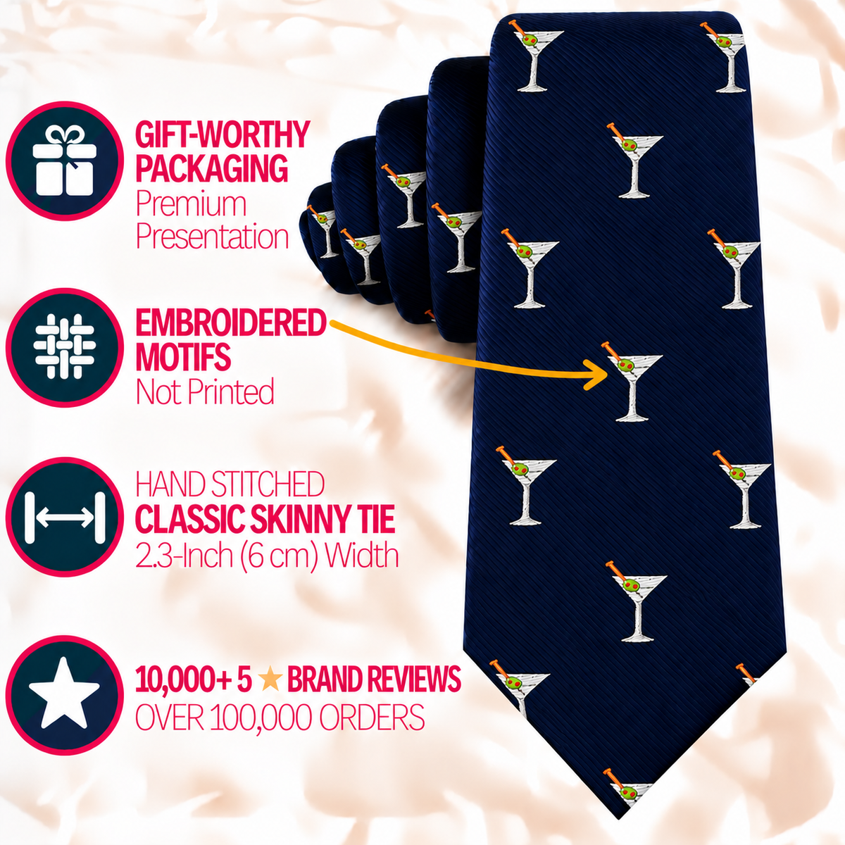 A navy blue Martini Skinny Tie featuring an all-over martini glass pattern, with infographic callouts describing its gift packaging, embroidered motifs, 2.3-inch width, and positive customer reviews.