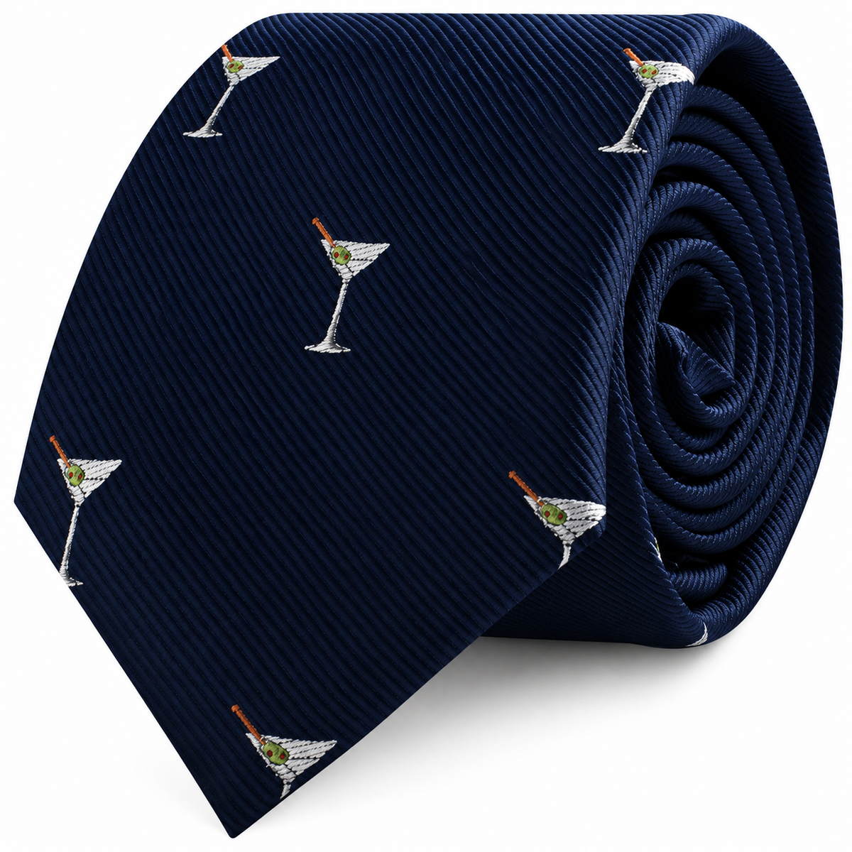 Dark blue Martini Skinny Tie featuring a repeated pattern of embroidered martini glasses.