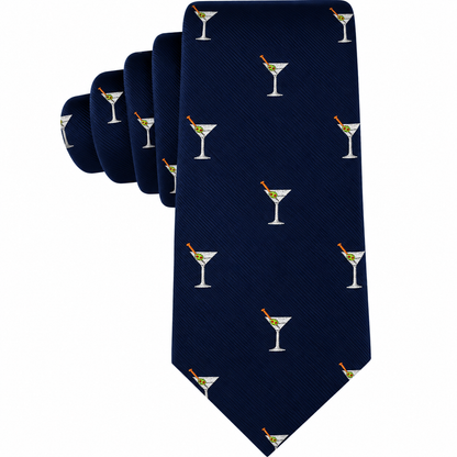 Martini Skinny Tie in navy blue with a repeating martini print.